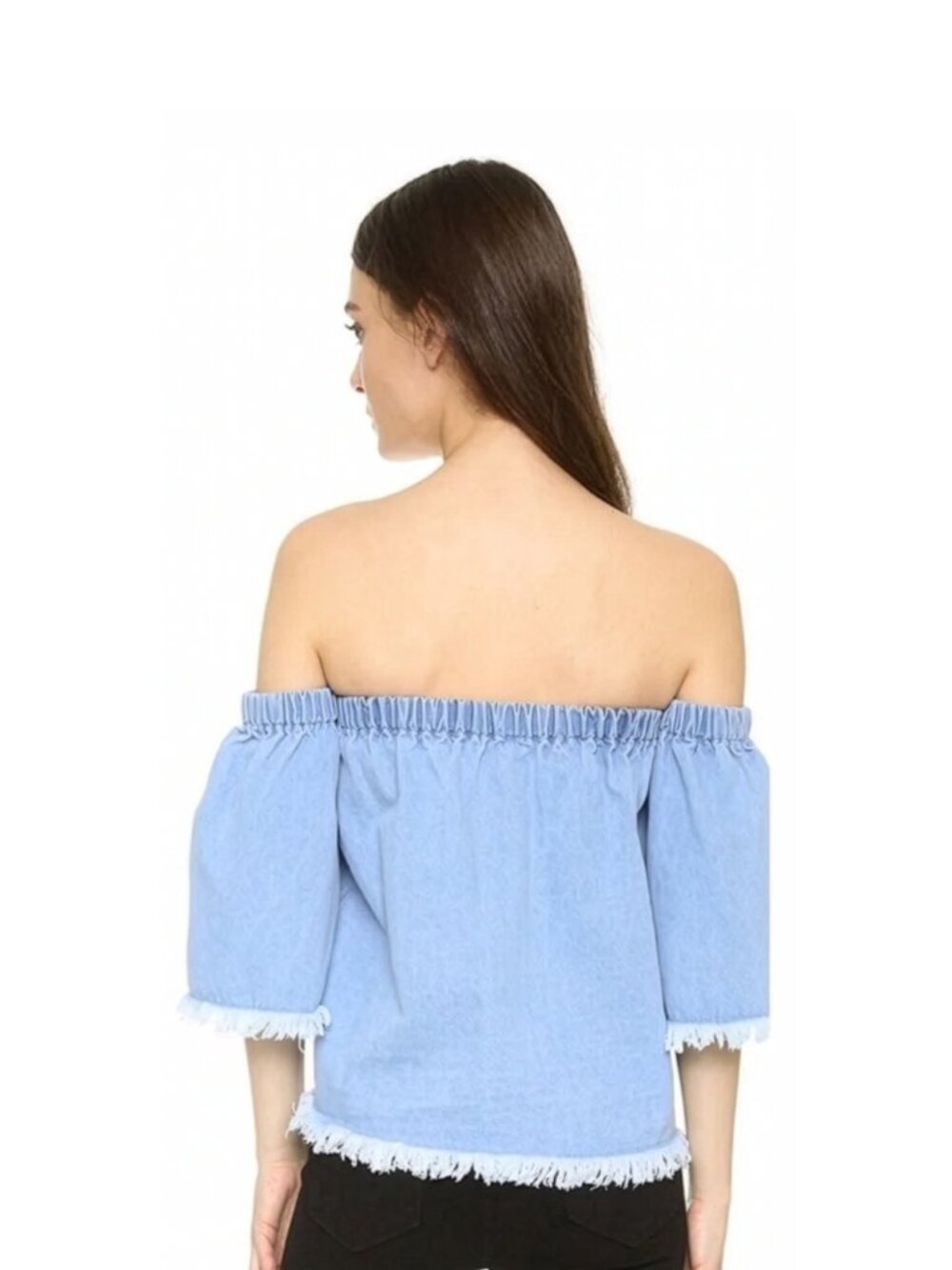J.O.A. Off the Shoulder Frayed Denim Top Women's Size M Light Wash RARE Boho EUC - Picture 13 of 13